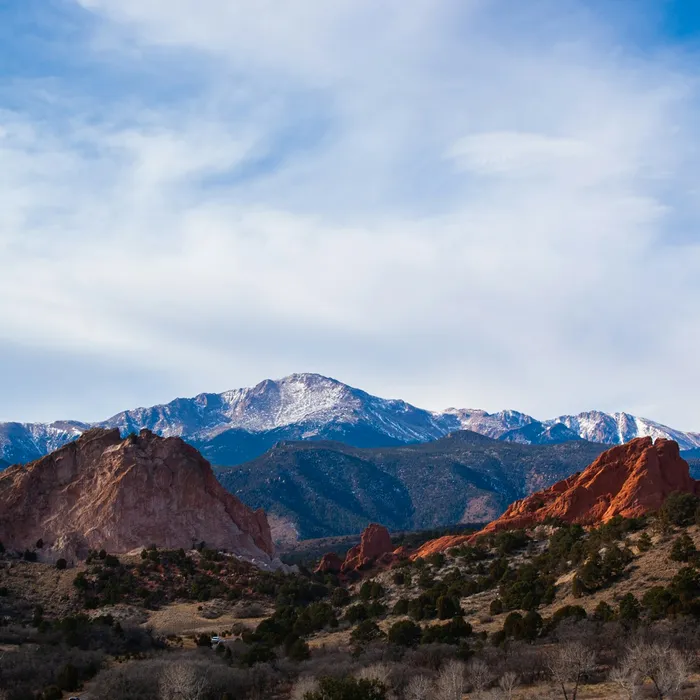 Image of Pikes Peak with Garden of the Gods in the foreground